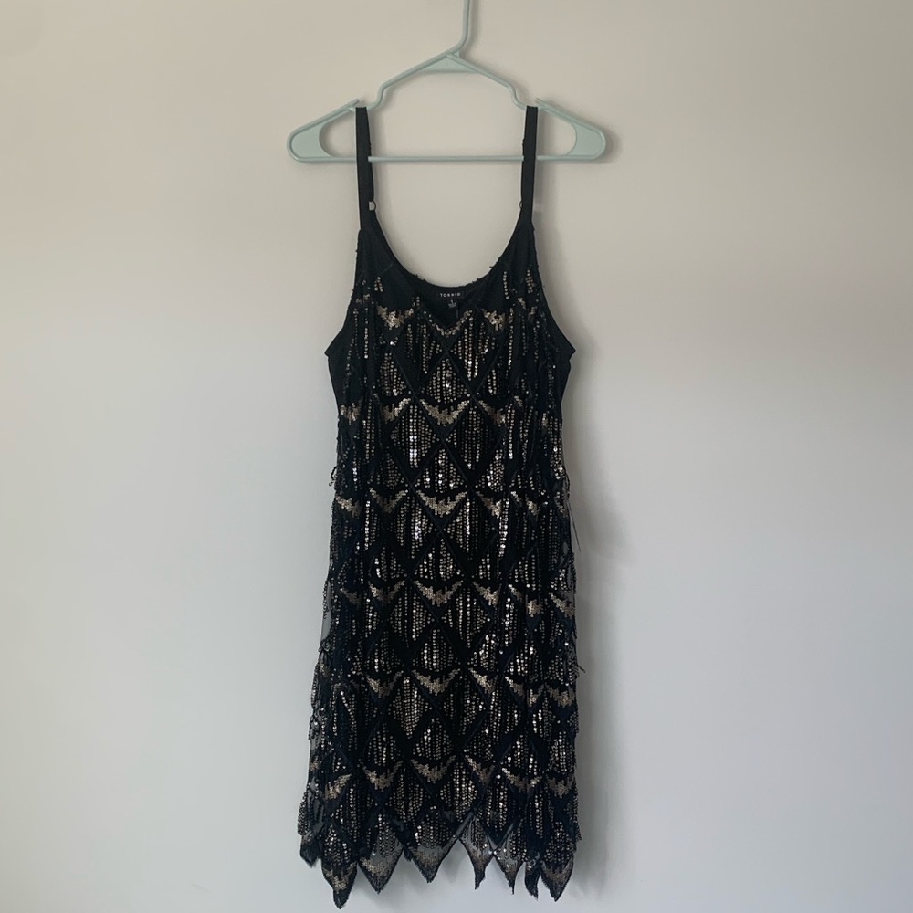 Torrid Special Occasion Black & Gold Fringe Mini Dress